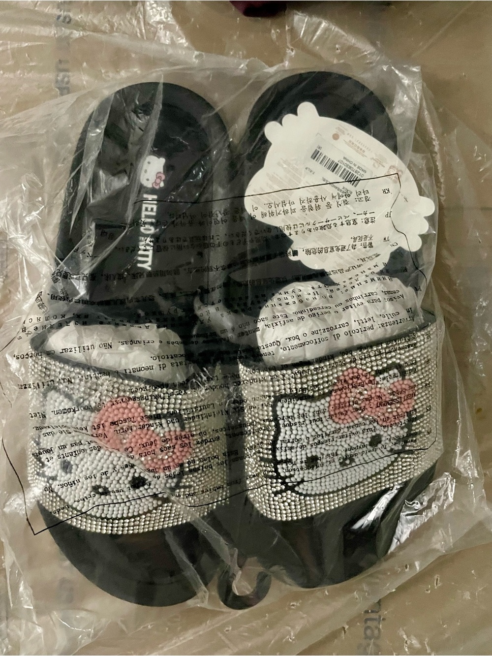 Hello Kitty Black Slide Sandals with Rhinestone Hello Kitty & Pink Bow Size 8